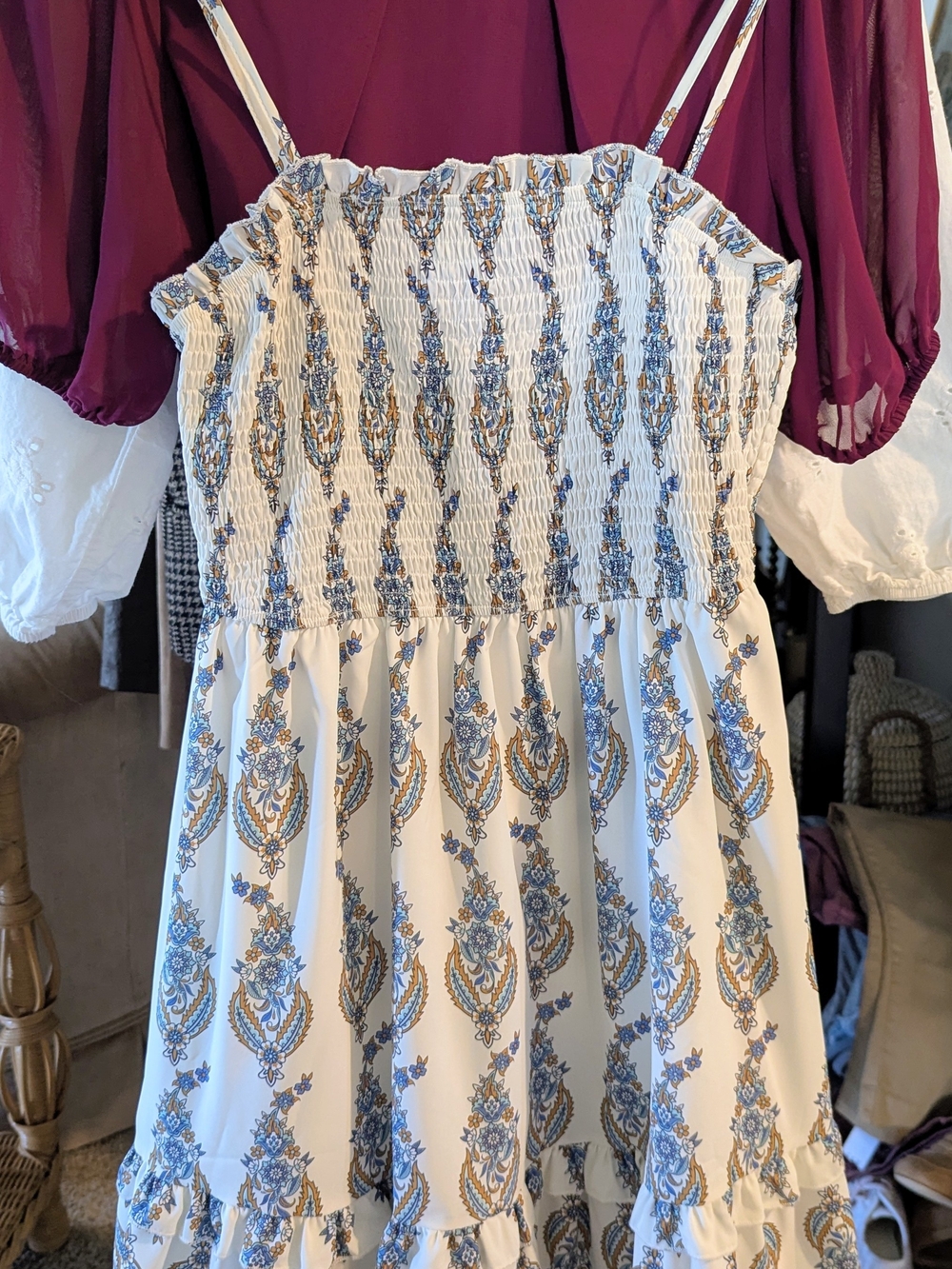White Floral Smocked Sundress with Blue and Tan Print